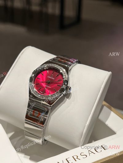 High Quality Replica OMEGA Constellation Collection Silver strap Different Colors Face Dial White Diamonds Ceramic Bezel Lady Watch 28mm